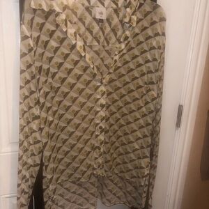 CAbi Olive, Brown, and White Geometric Button-Down Shirt